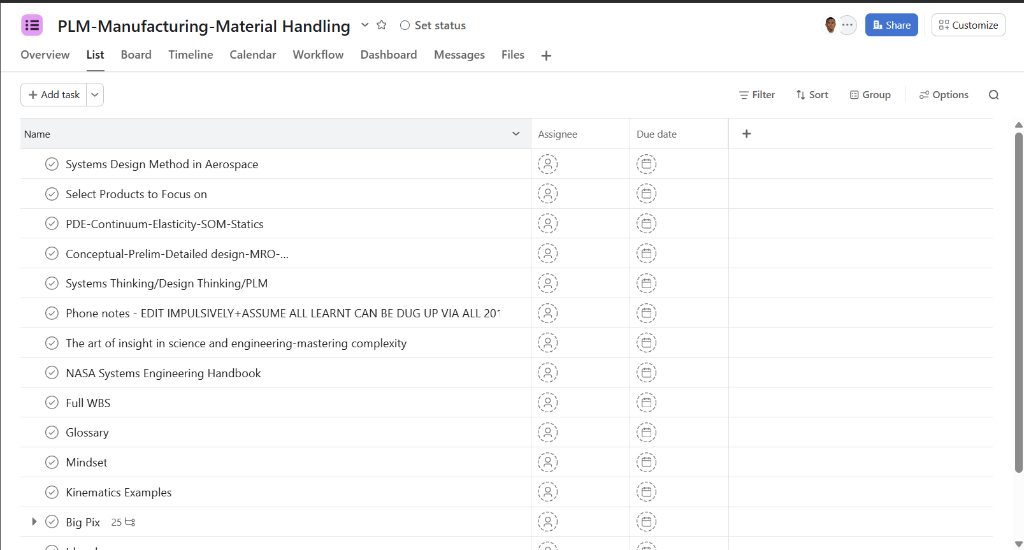 Asana Task List